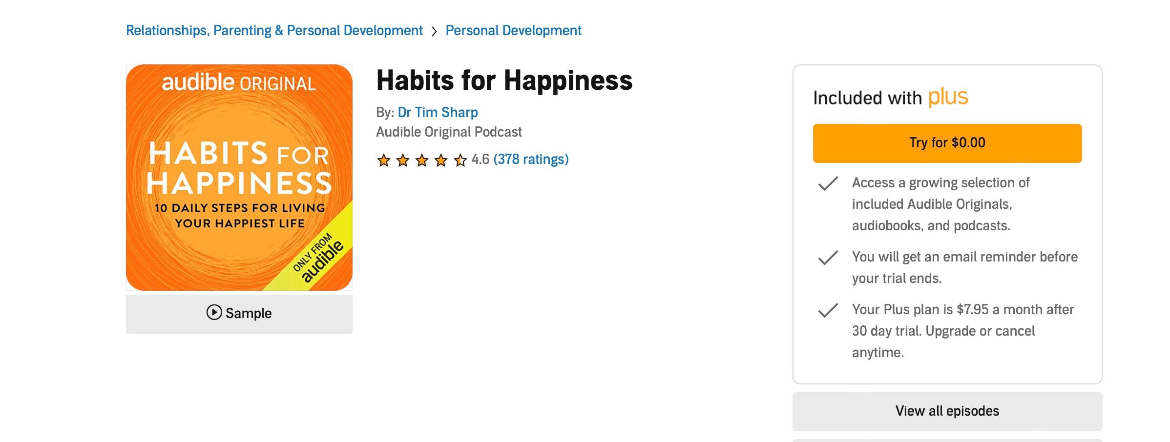 Screenshot showing Habits for Happiness audio series from Audible