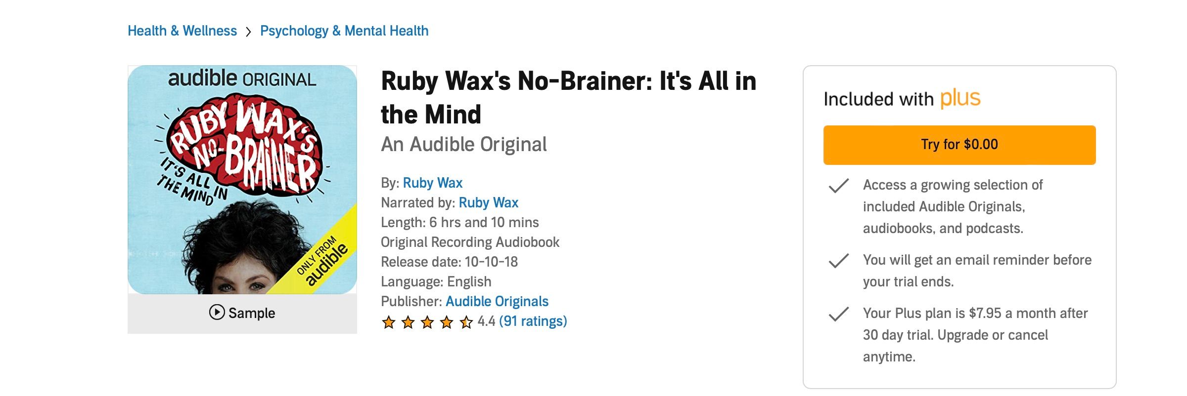 Screenshot showing Audible's Ruby Wax No Brainer Audiobook