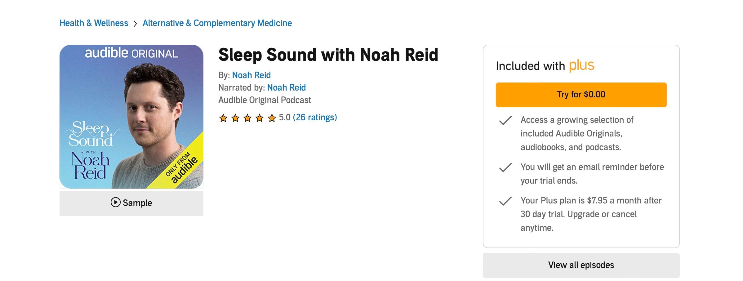 Screenshot showing Sleep Sound audio series from Audible