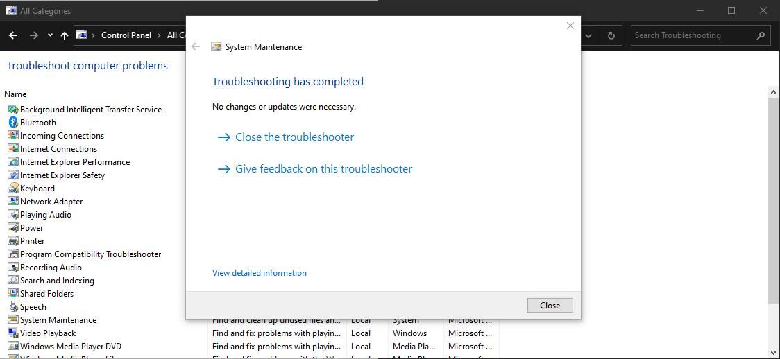 A screenshot showing the results of troubleshooting in Windows 10 