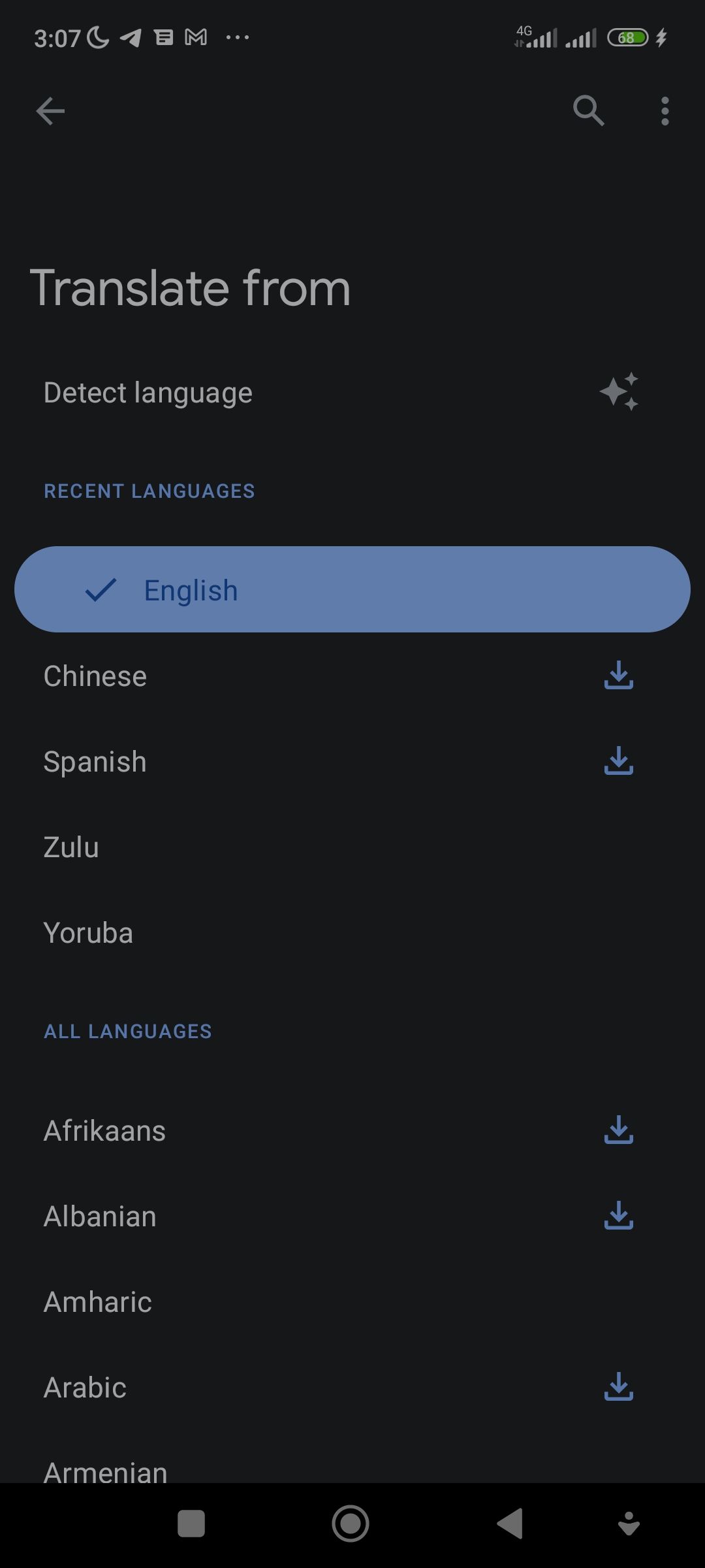 Select a language to translate from on Google Translate