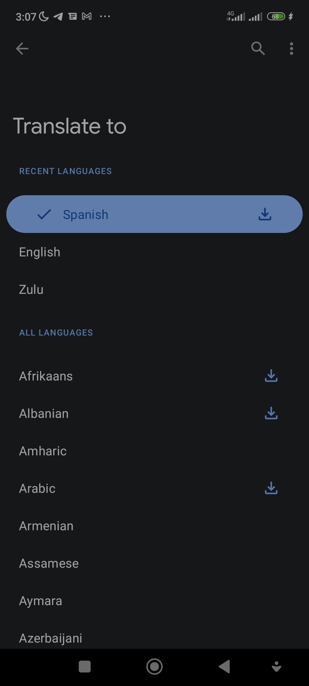 Select a language to Translate to on the Google Translate app