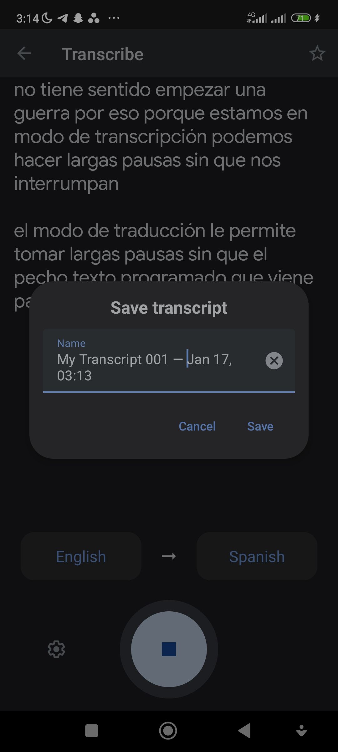 Saving a transcription on the Google Translate app