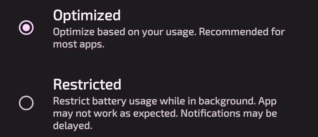 Options for optimized or restricted battery usage for apps