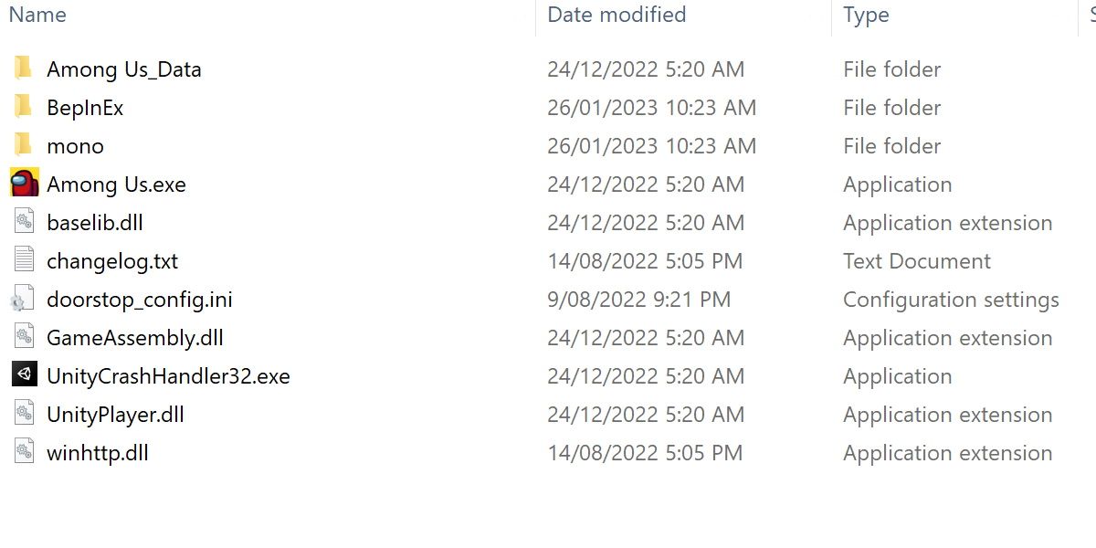 captura de pantalla de los archivos bepinex instalados en el directorio between us