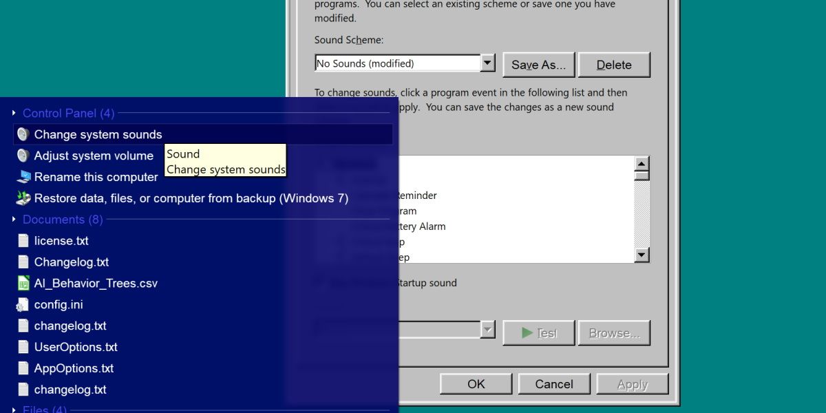 screenshot della modifica dei suoni di sistema in Windows 