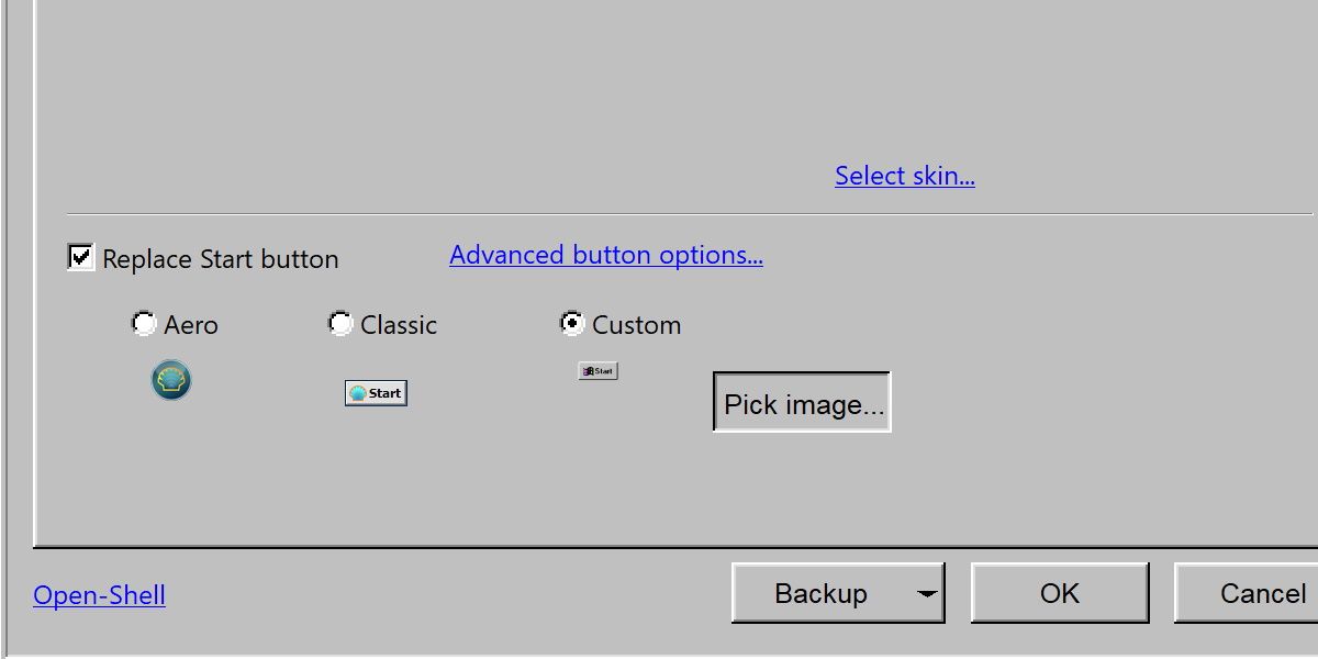 una captura de pantalla del menú de shell abierto que reemplaza la imagen del botón de inicio 