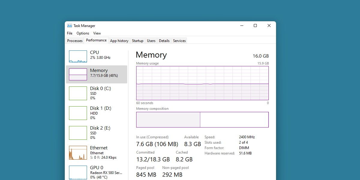 Capture d'écran du moniteur de RAM dans le gestionnaire de tâches