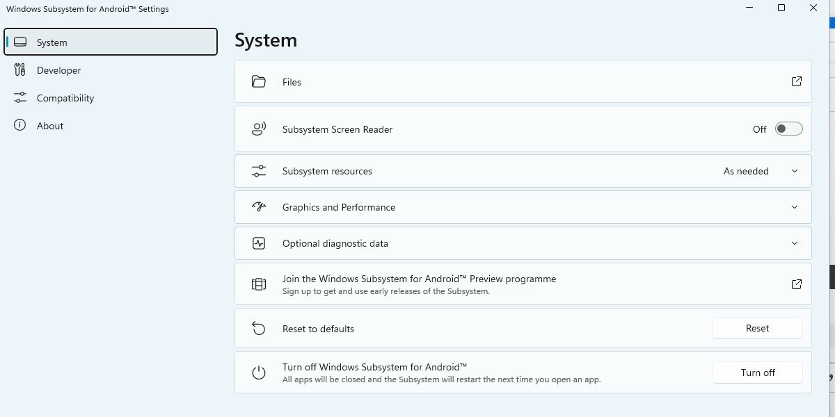 screenshot of the windows subsystem for android on windows 11