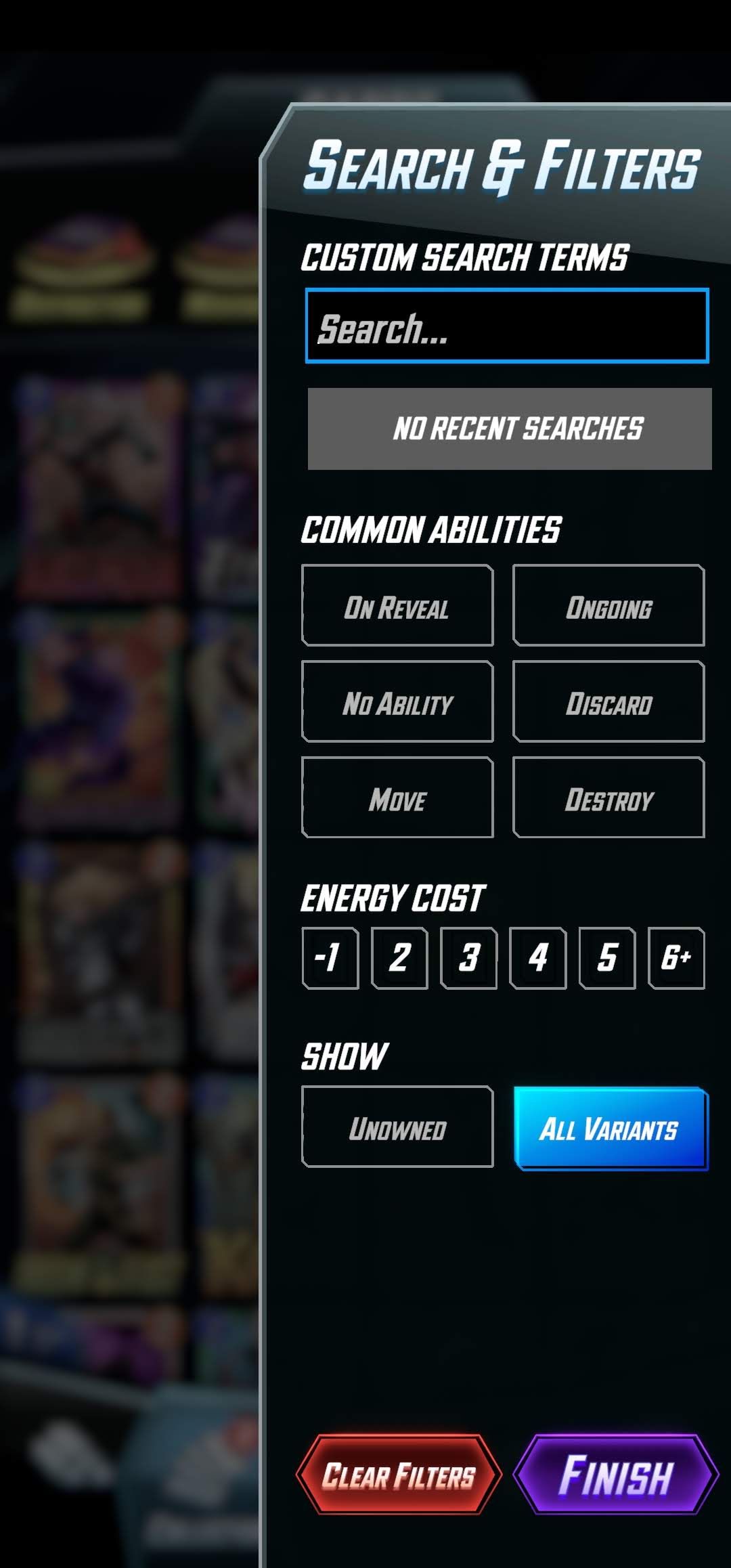 search and filter tab in marvel snap