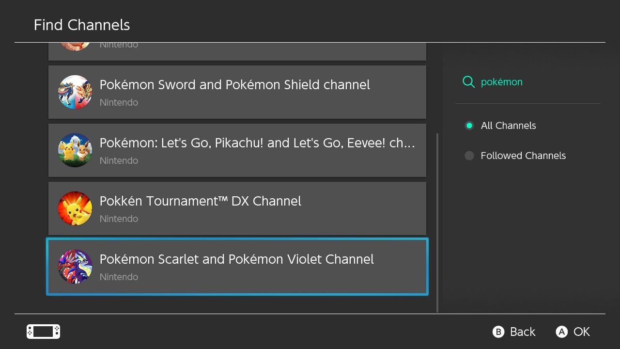 Une capture d'écran de l'application Nintendo Switch News avec les résultats d'une recherche de chaîne en surbrillance.