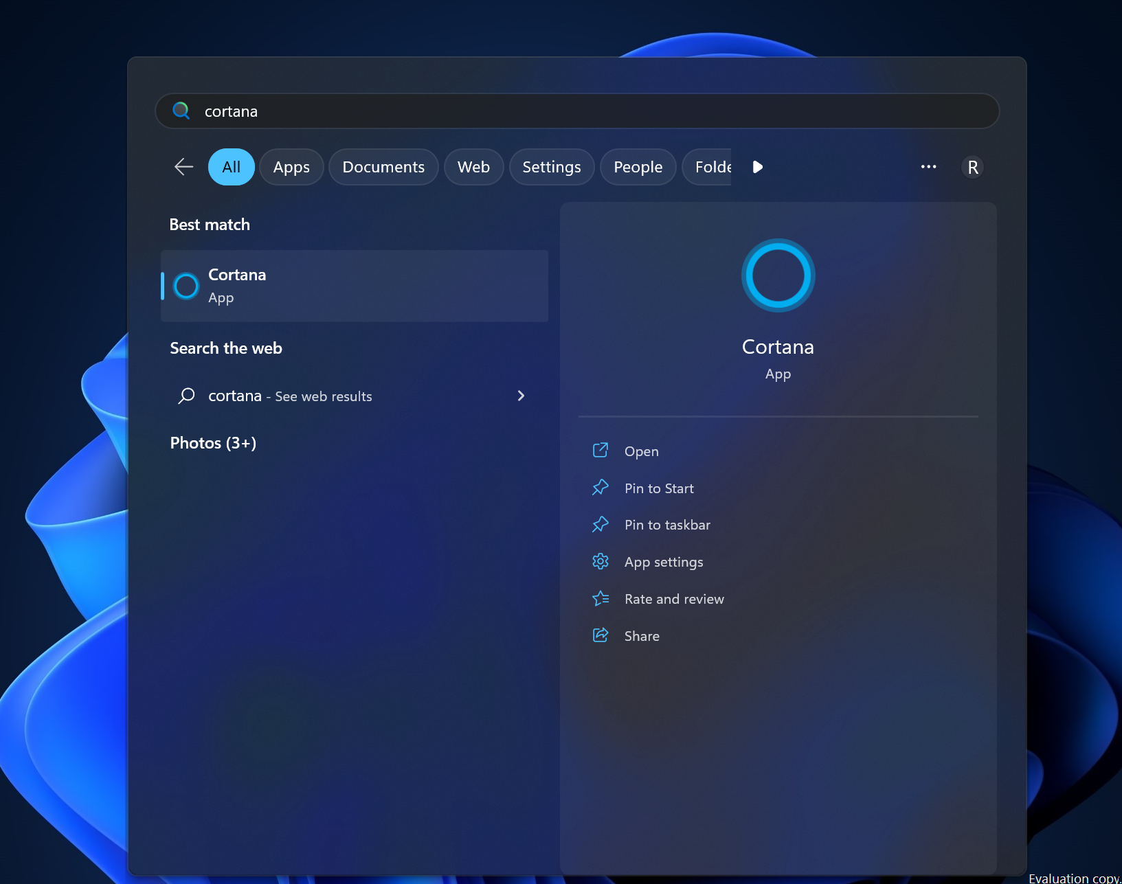 Recherche de l'application Cortana via Windows Start