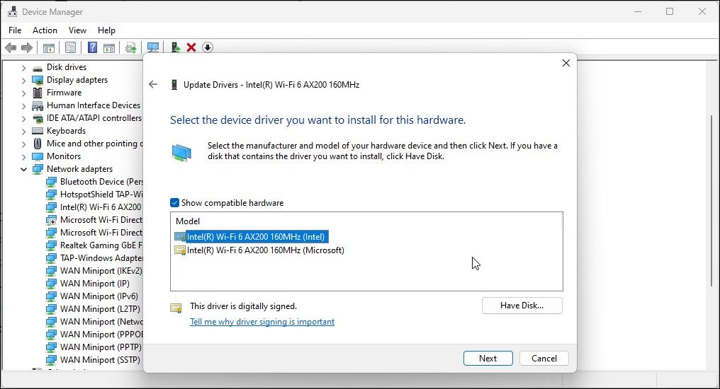 select device driver you want to install for this hardware