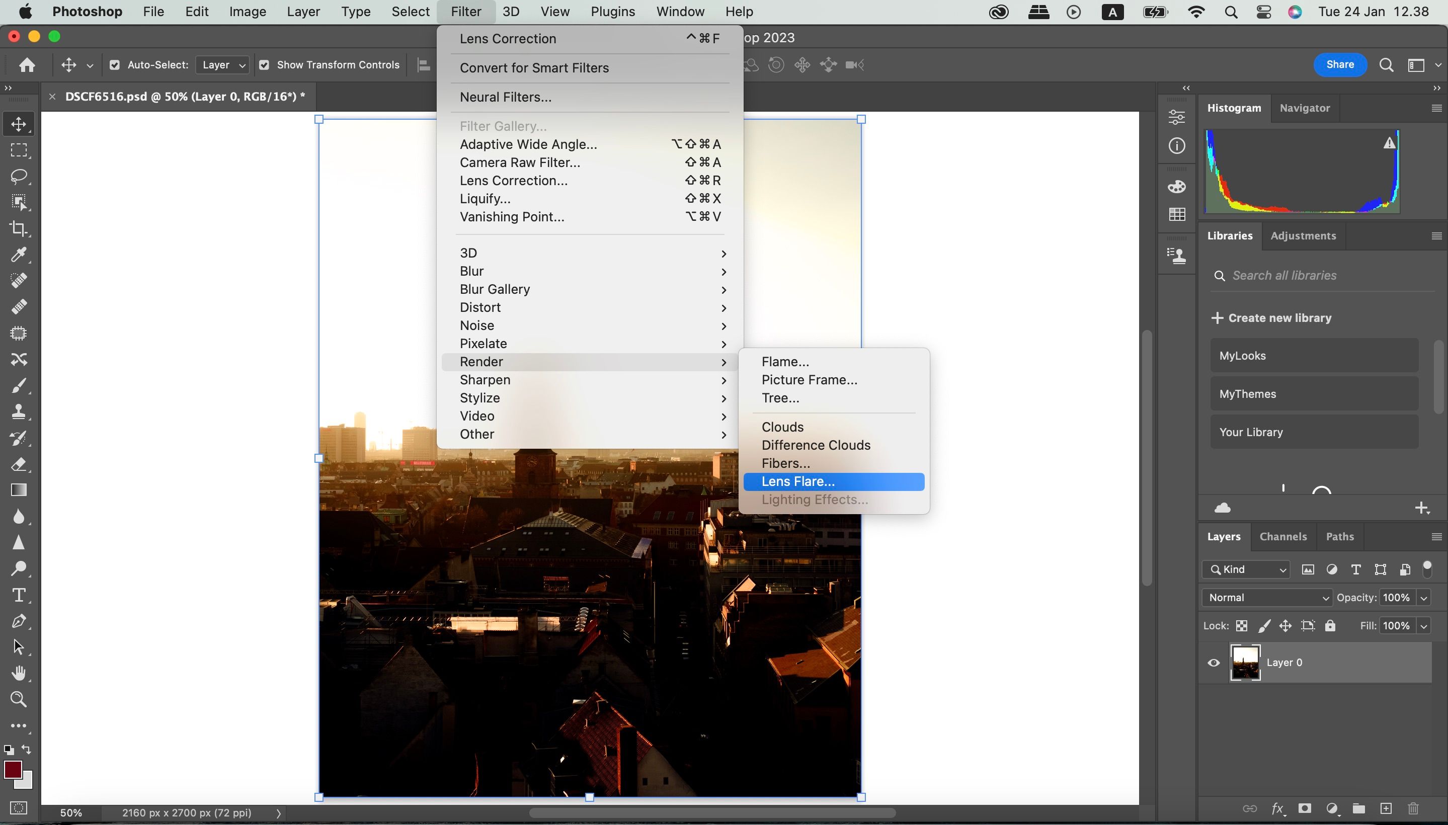 Select Lens Flare Option in Photoshop Screenshot