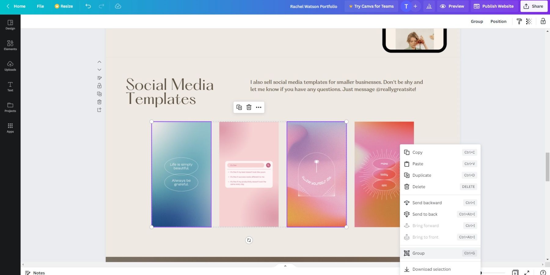 Selected graphics to group elements together on Canva Websites 