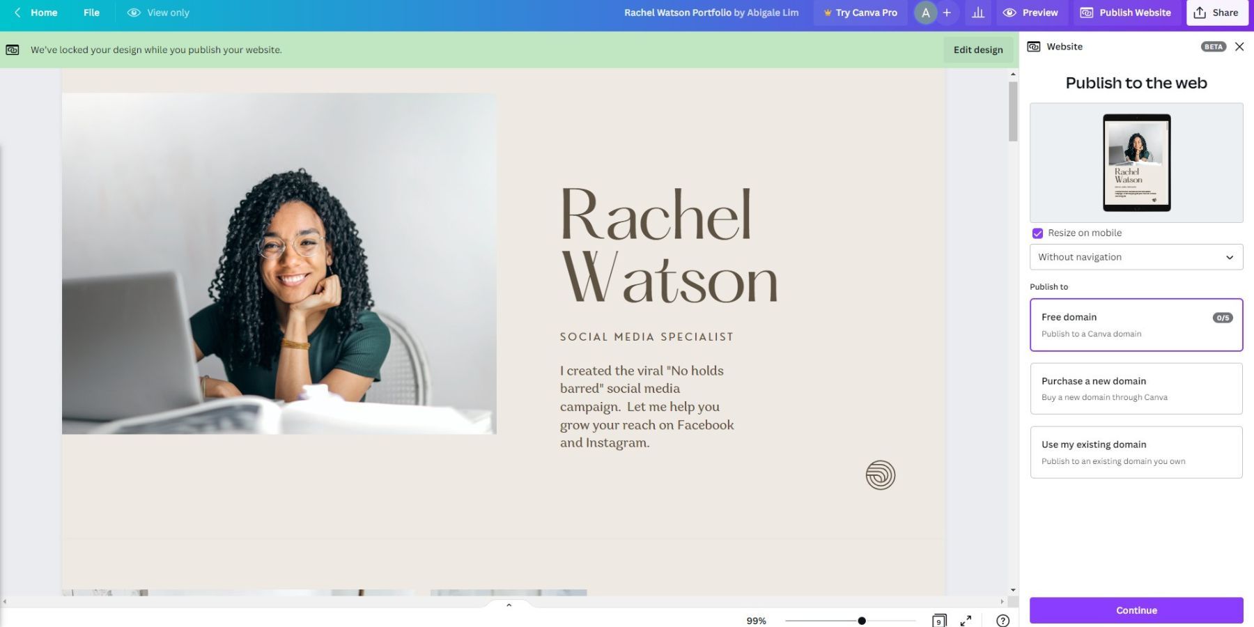 Canva sample portfolio template showing publish to the web options