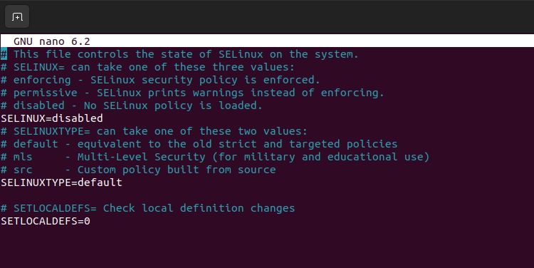 selinux configuration file is displayed on Ubuntu
