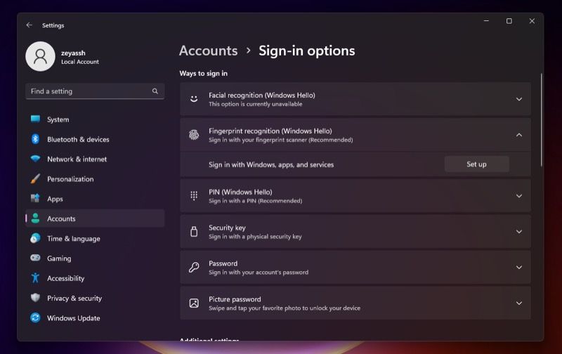Windows Hello fingerprint login set up option