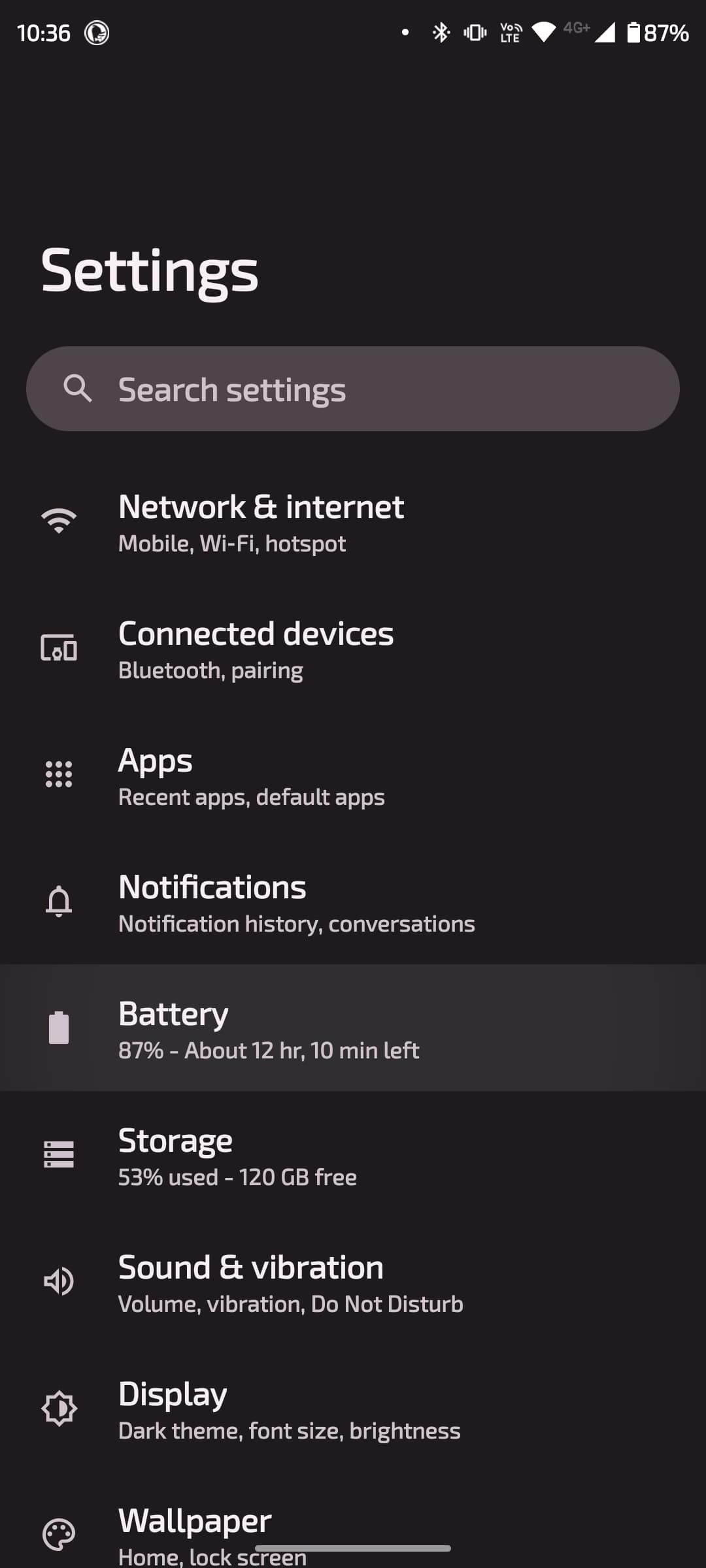 Settings menu with battery option highlighted