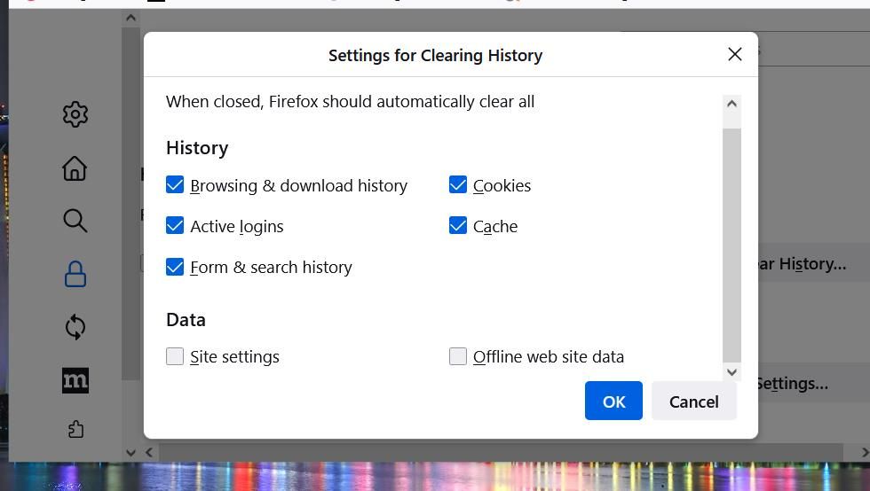 Clear history settings options