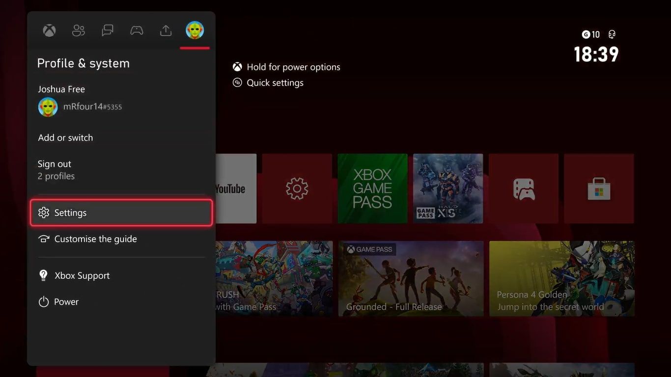Ảnh chụp màn hình menu hướng dẫn trên Xbox Series X với phần Cài đặt được làm nổi bật 