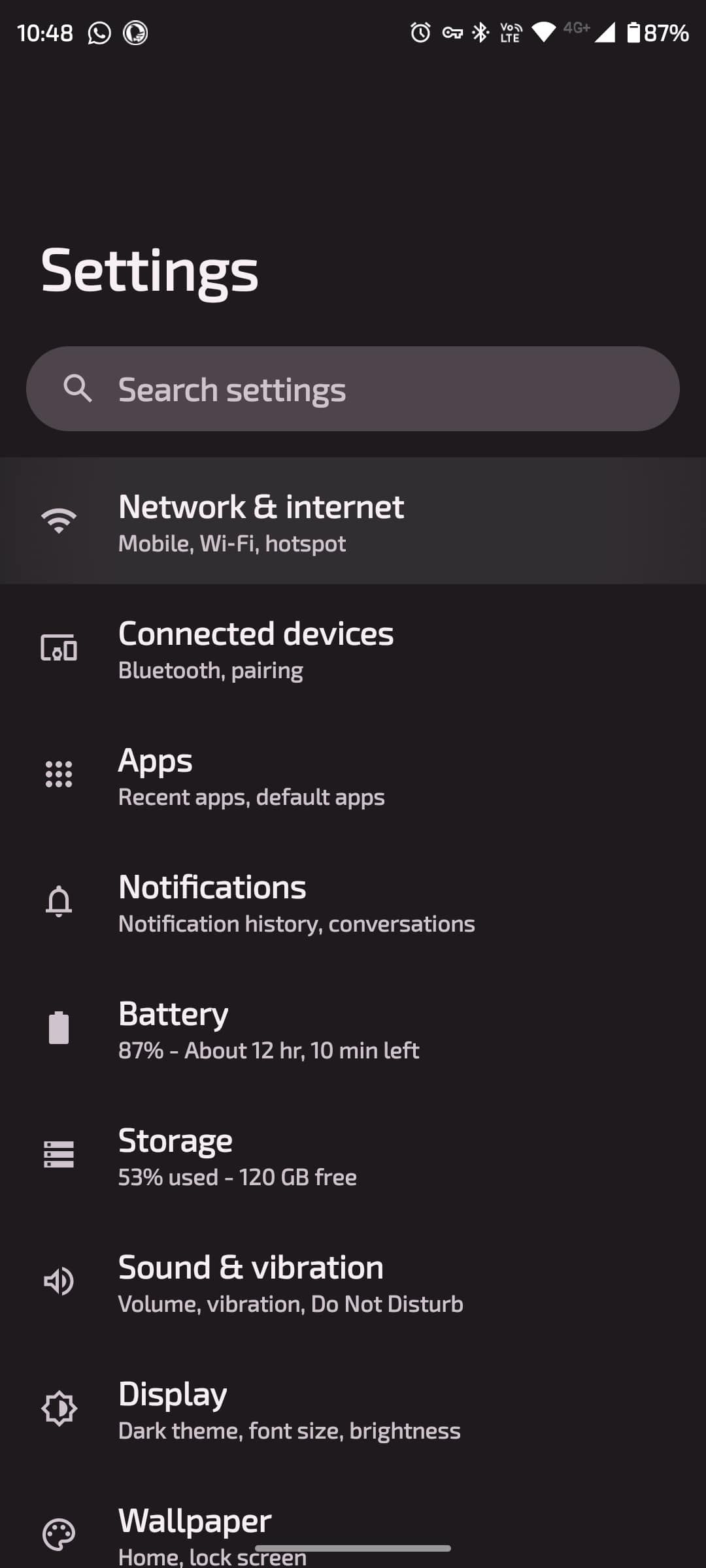 Network and internet option highlighted in settings
