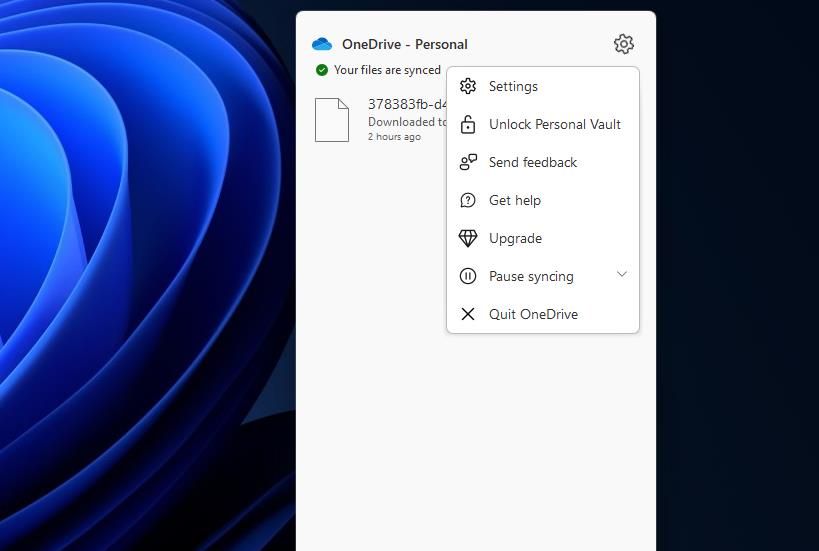 The Settings option in OneDrive