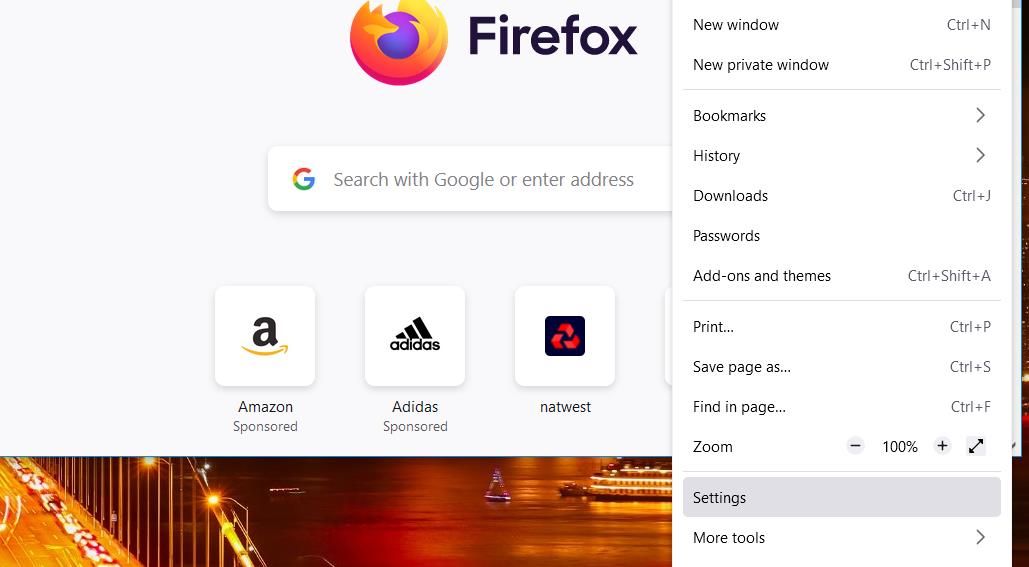 The Settings option in Firefox