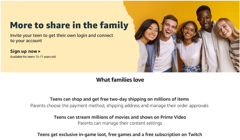 Compartilhe os benefícios do Amazon Prime Family Teens