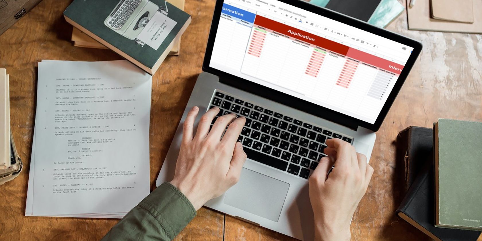 Google Sheets job tracker on a laptop.