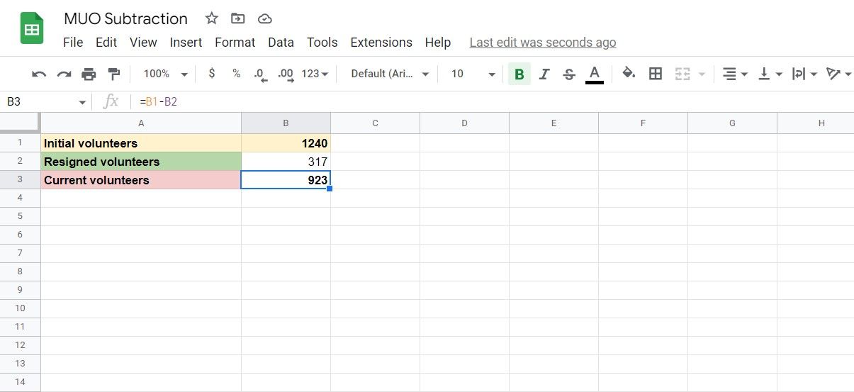 Subtract two cells in Google Sheets