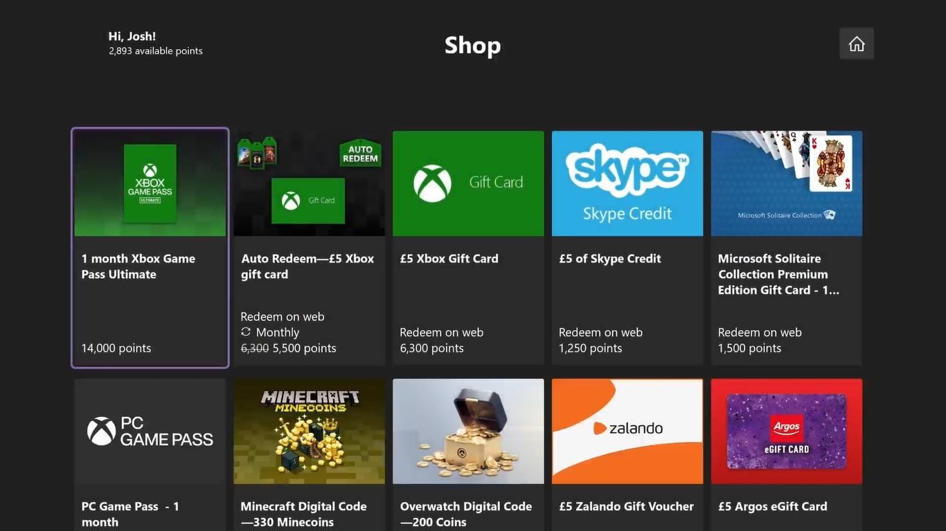 Ảnh chụp màn hình ứng dụng Microsoft Rewards trên Xbox dành cho Xbox Series X với trang Xem tất cả của Cửa hàng được tô sáng 