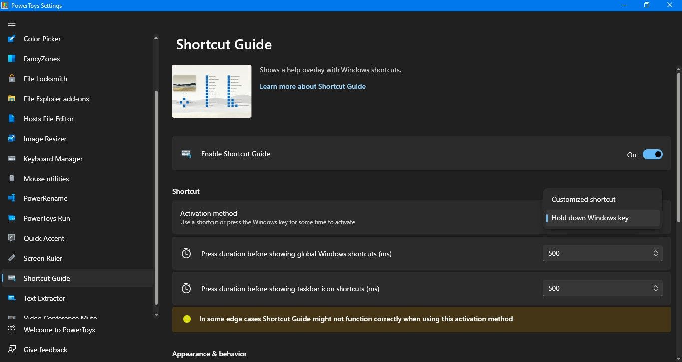 Shortcut Guide Settings in PowerToys
