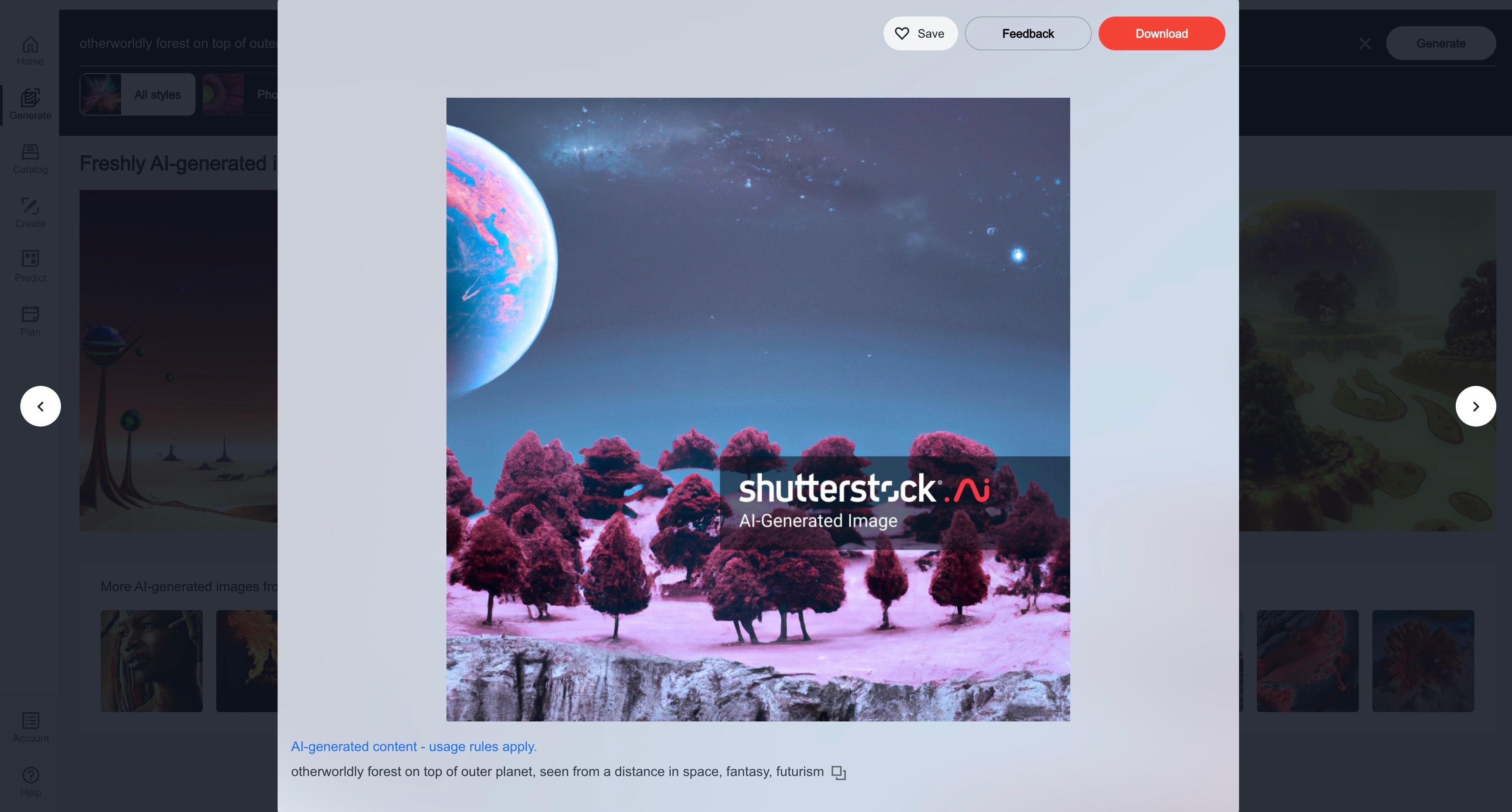 Trees atop a rock formation in space with the 'Shutterstock AI Generated Image' watermark
