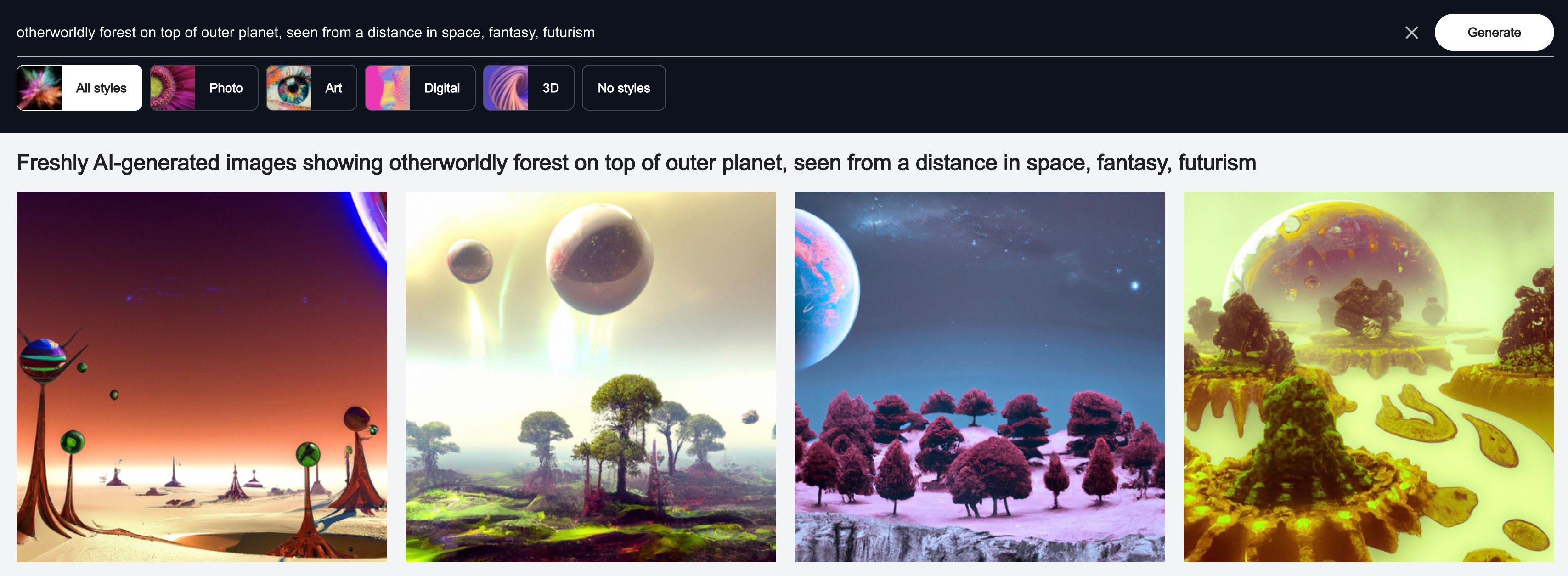 Four separate images of futuristic forests generated with AI
