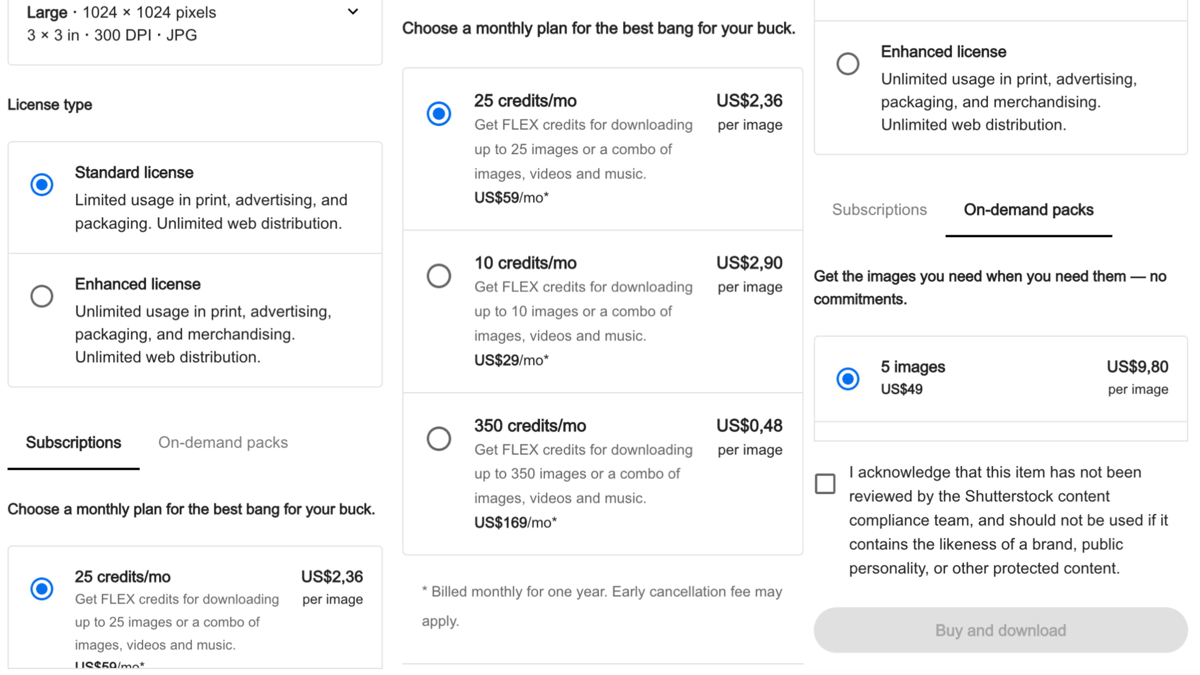 Diverses options de tarification et forfaits pour le générateur d'images AI de Shutterstock