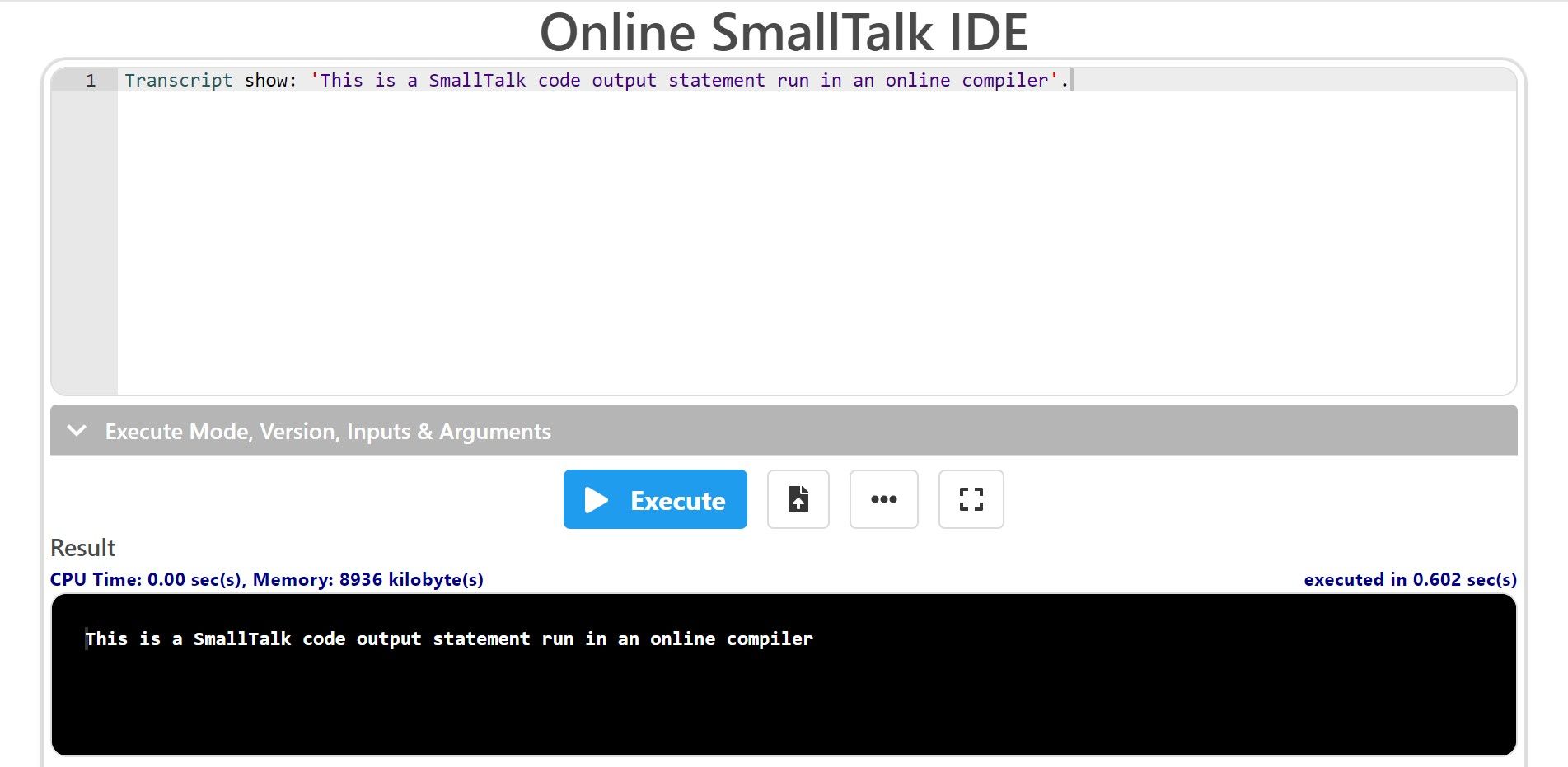 Código de muestra y salida de SmallTalk en la ventana del desarrollador en línea