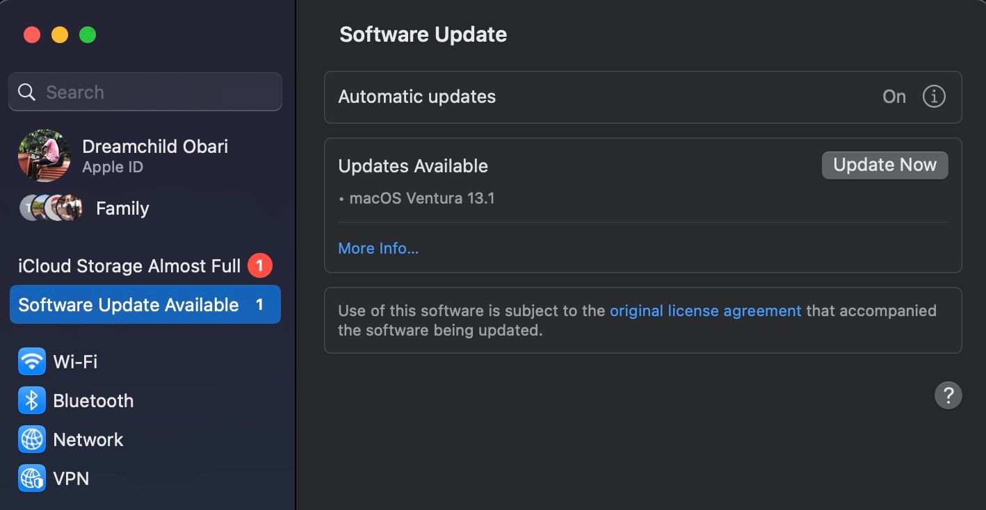 Software update menu in System Settings