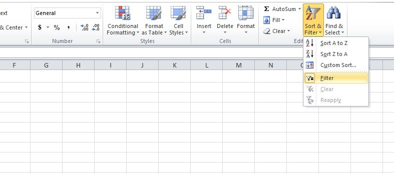 Excel Sort & Filter option with the Filter option highlighted