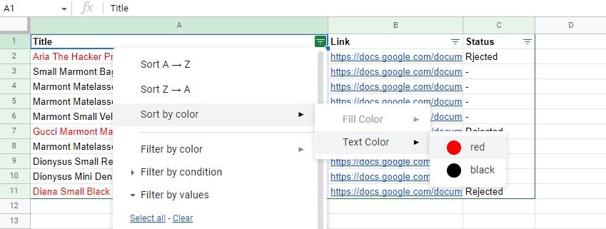Sort by text color