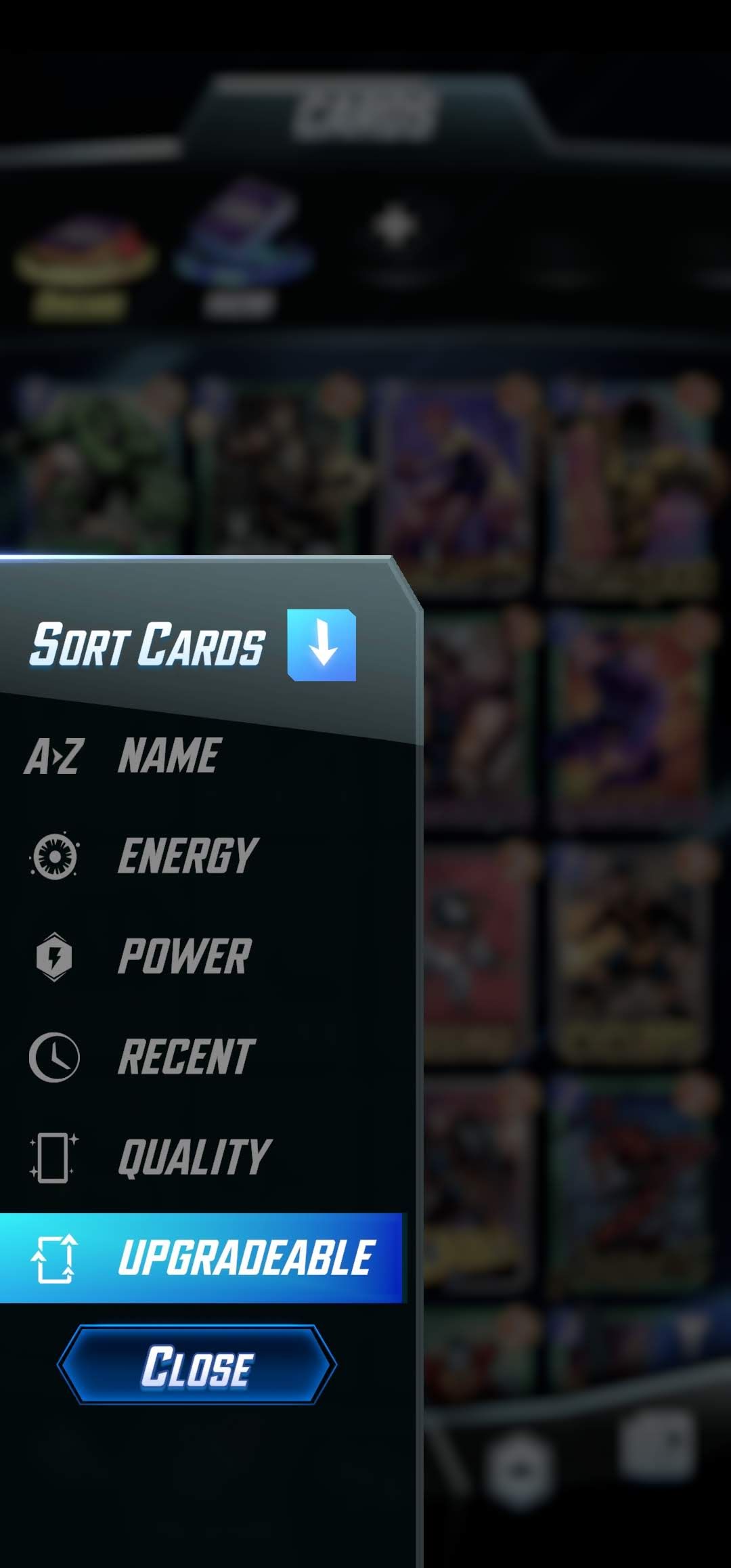 sort cards option
