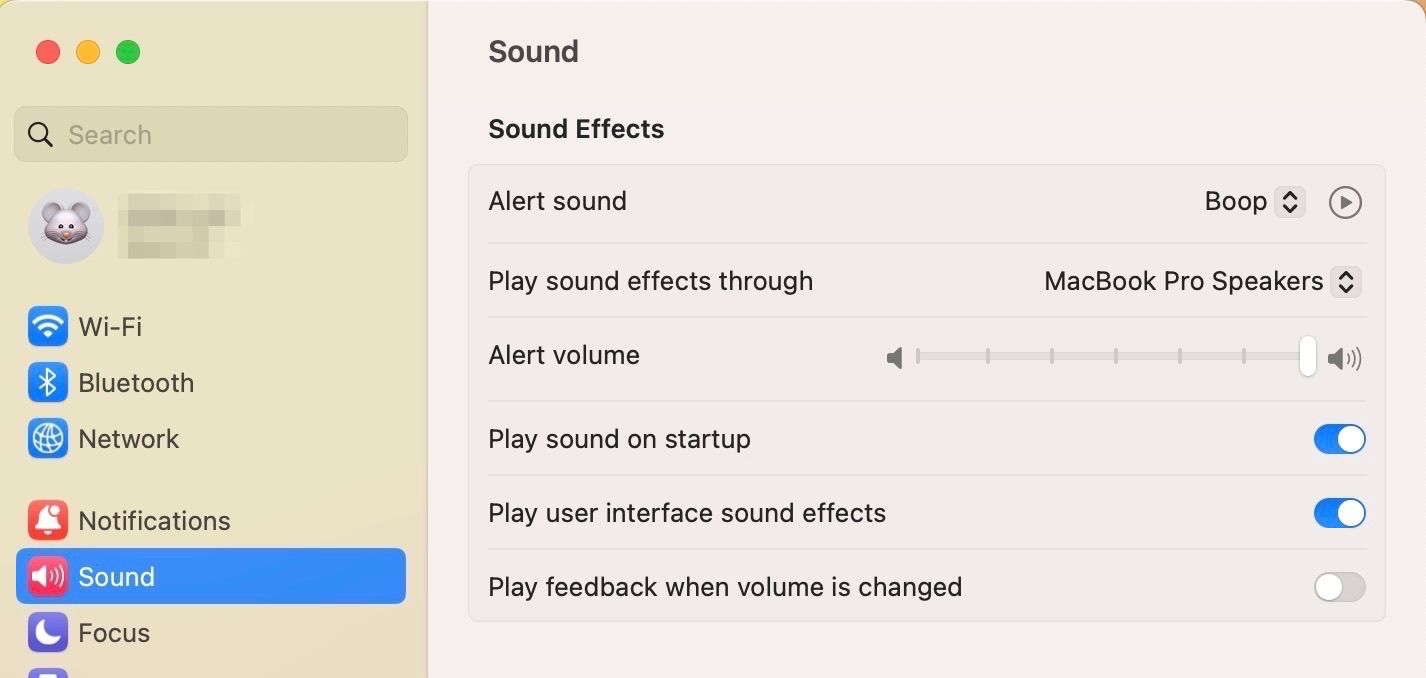 Sound effect settings in System Settings