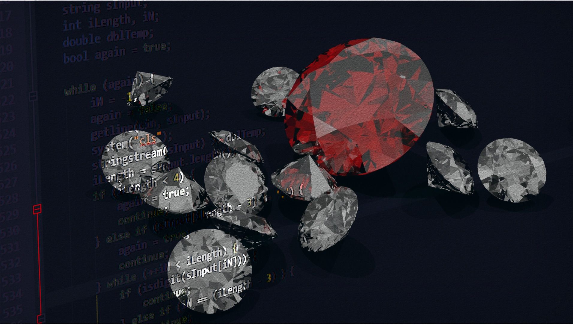 Source code written in code editor with rubies on the background