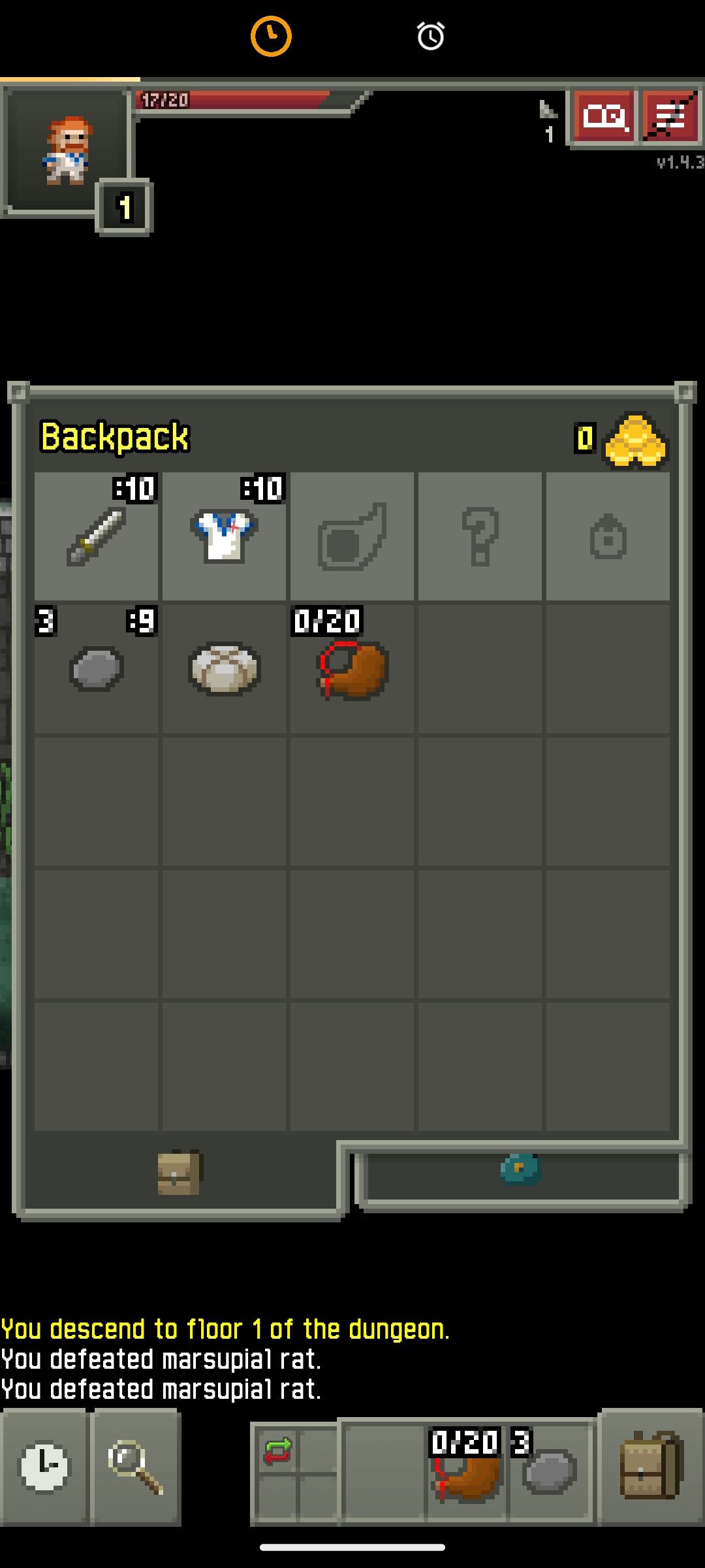 Inventory screen in Shattered Pixel Dungeon