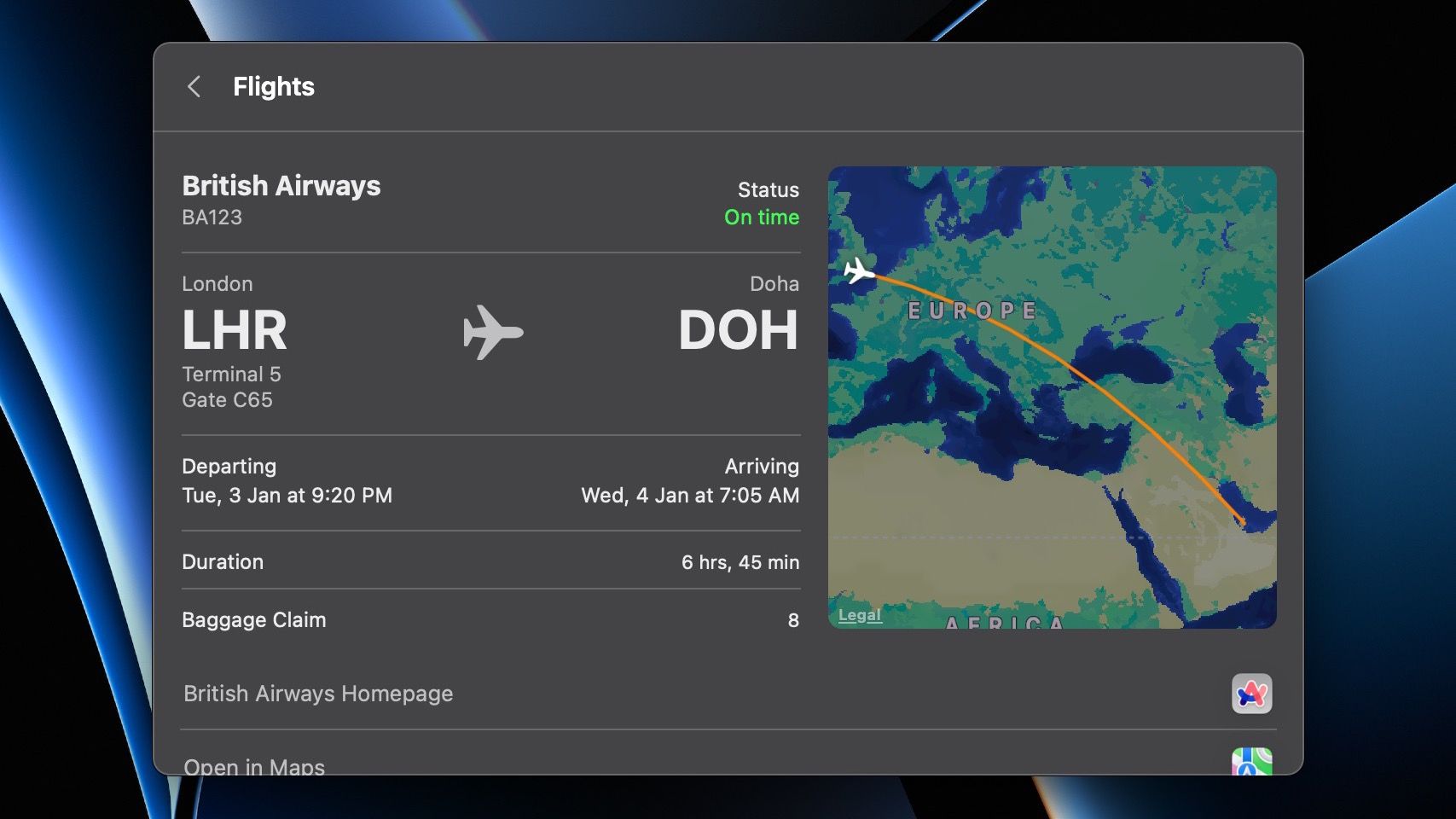 Tracking BA123 flight in Spotlight on macOS