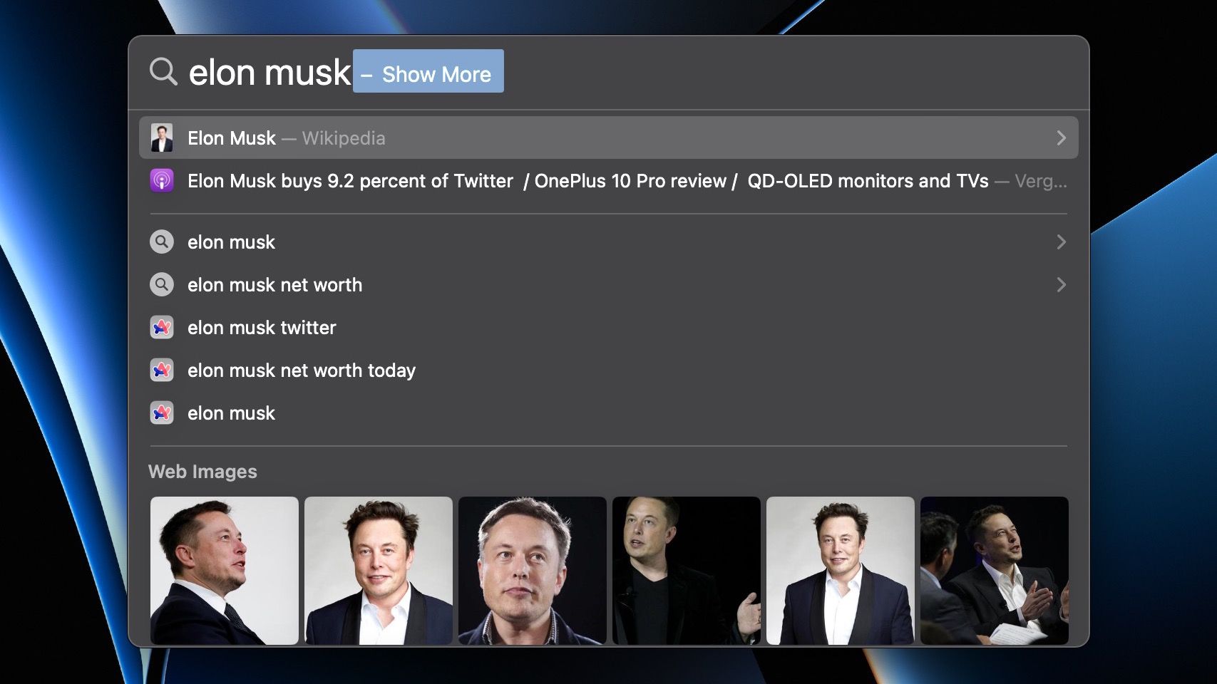 Spotlight showing web results for Elon Musk search term