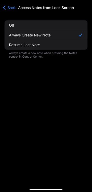 setting Quick Note control to start a new note