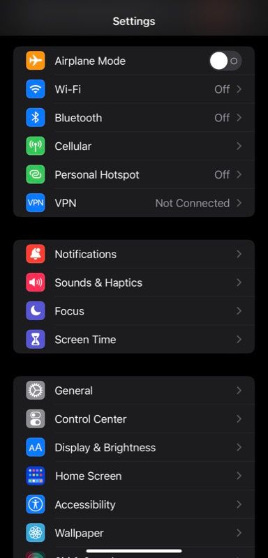 iPhone Settings page