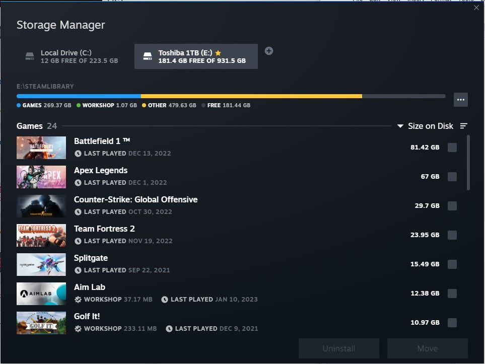 Steam Storage Manager mostrando almacenamiento en disco externo