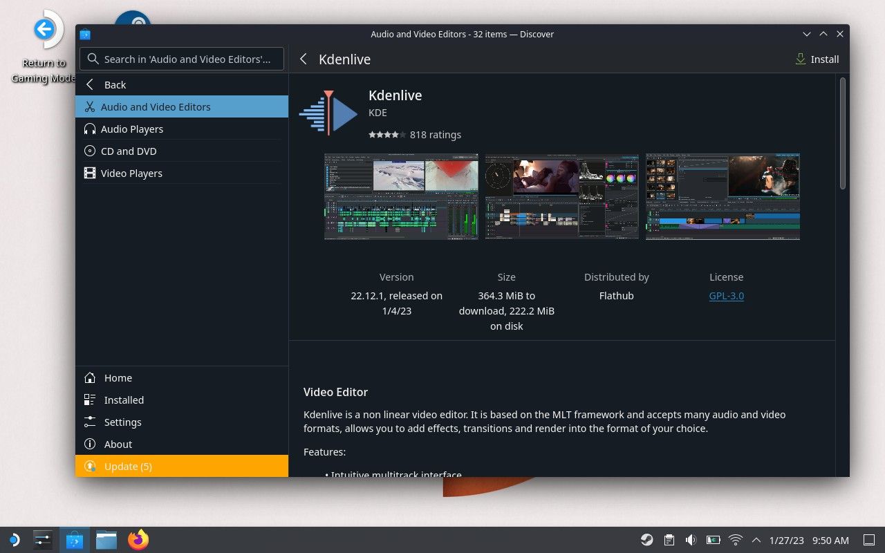 Discover app store displaying Kdenlive on SteamOS